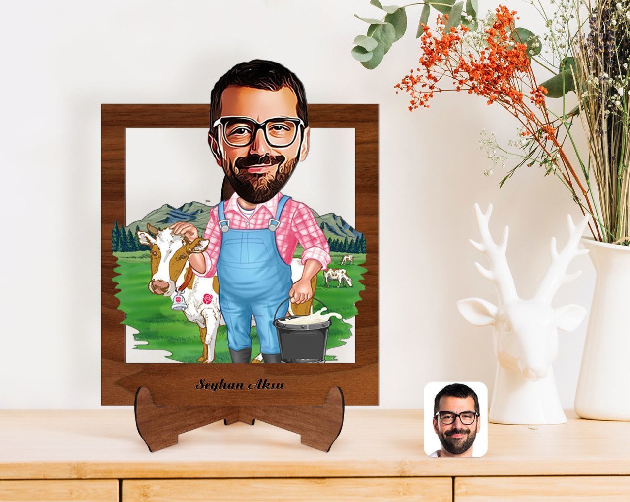 Kişiye Özel Çiftçi Karikatürlü Ahşap Standlı 3D Biblo-1