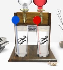 Kişiye Özel Renkli Baskılı İsimli İkili Vodka Bardağı ve Çift Musluklu Doğal Ahşap Vodka Standı-133