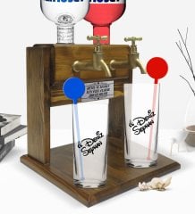 Kişiye Özel Renkli Baskılı İsimli İkili Vodka Bardağı ve Çift Musluklu Doğal Ahşap Vodka Standı-133