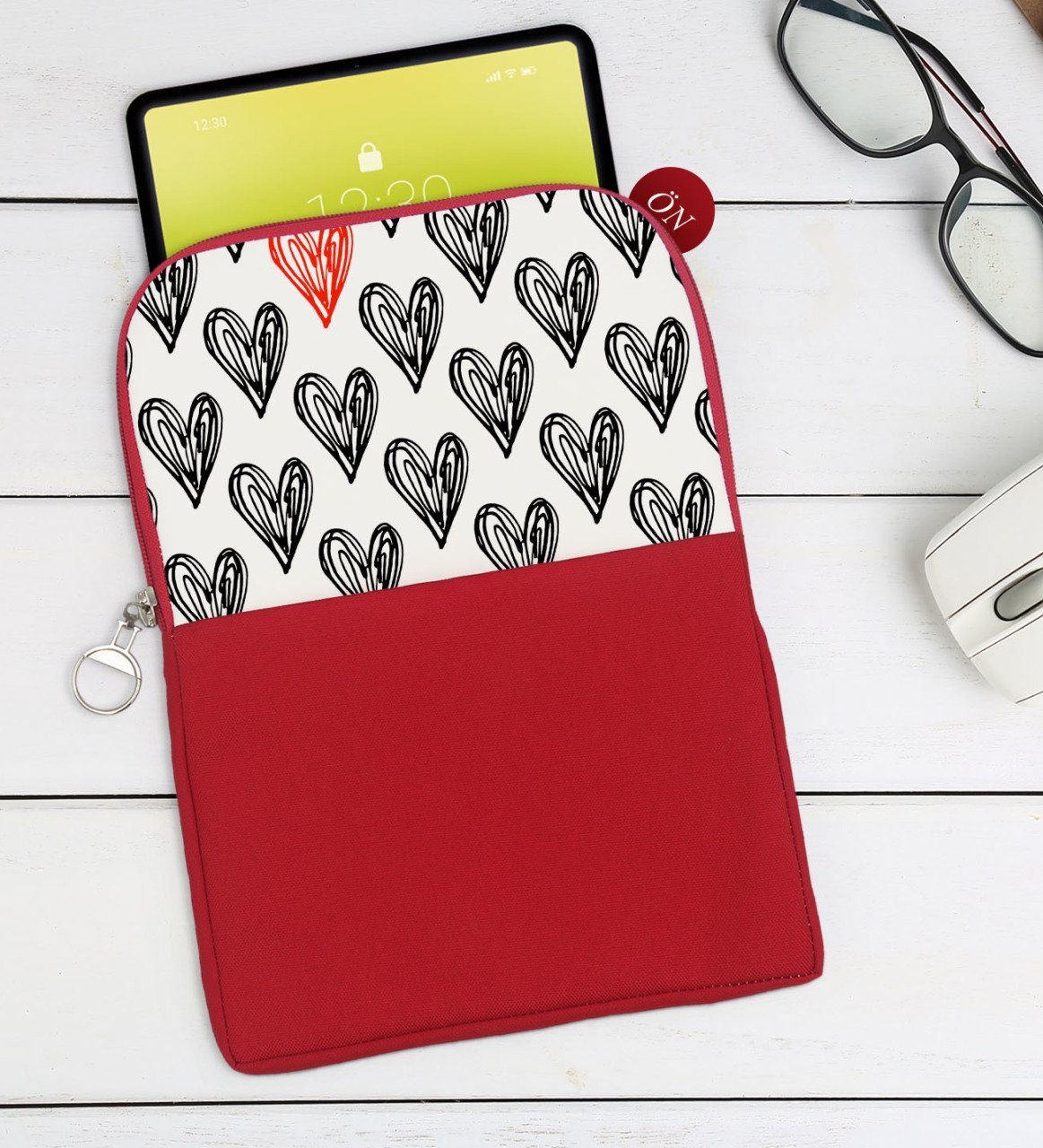 BK Gift Kalpler Tasarımlı Taşınabilir Koruyucu Tablet Kılıfı & Organizer Çanta - Kırmızı-1
