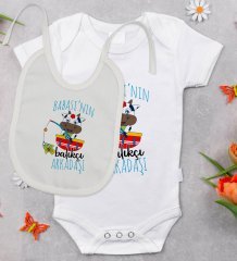 BK Kids Babasının Balıkçı Arkadaşı Tasarımlı Bebek Body Zıbın ve Mama Önlüğü Hediye Seti - Model 1
