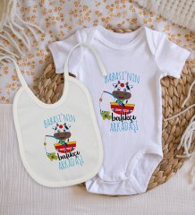BK Kids Babasının Balıkçı Arkadaşı Tasarımlı Bebek Body Zıbın ve Mama Önlüğü Hediye Seti - Model 1