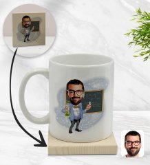 Kişiye Özel Erkek Kimya Öğretmeni Karikatürlü Beyaz Kupa Bardak ve Ahşap Bardak Altlığı Hediye Seti - Model 1
