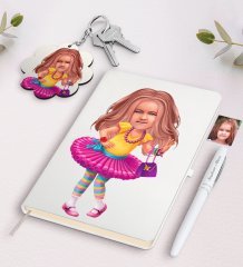 Kişiye Özel Kız Çocuk Karikatürlü Beyaz Defter Kalem Ve Anahtarlık Hediye Seti-11