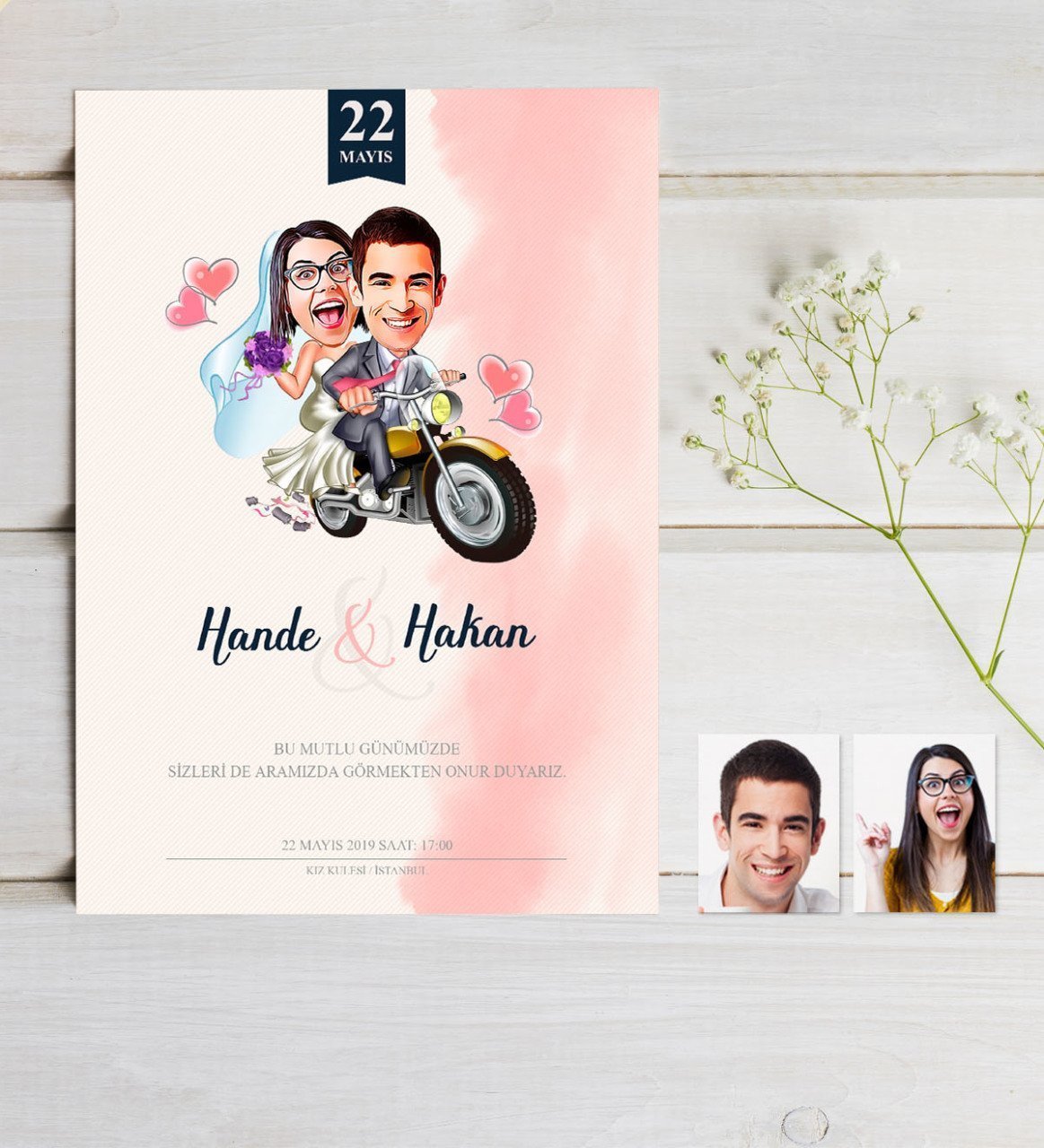 Kişiye Özel Karikatürlü Nikah & Düğün Davetiyesi Model 8 (50 Adet)