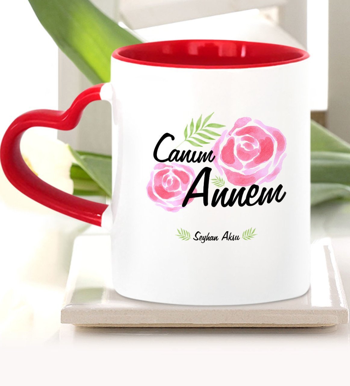 Kişiye Özel Canım Annem Kırmızı Kalpli Kupa Bardak - 15