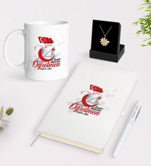 Kişiye Özel Bugün Günlerden Öğretmen Beyaz Kupa Defter Kalem ve İsimli Papatya Kolye Hediye Seti-2
