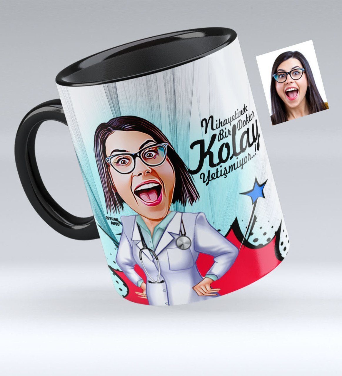 Kişiye Özel Bayan Doktor Karikatürlü Siyah Kupa Bardak - 1