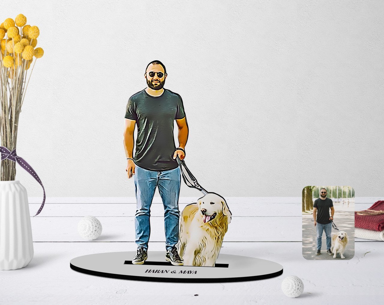Kişiye Özel Tam Boy Erkek ve Köpek Karikatürlü Ahşap Biblo Model-1