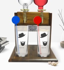 Kişiye Özel Renkli Baskılı İsimli İkili Vodka Bardağı ve Çift Musluklu Doğal Ahşap Vodka Standı-132