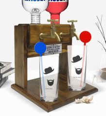 Kişiye Özel Renkli Baskılı İsimli İkili Vodka Bardağı ve Çift Musluklu Doğal Ahşap Vodka Standı-132