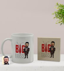 Kişiye Özel Erkek Big Boss Karikatürlü Beyaz Kupa Bardak ve Ahşap Bardak Altlığı Hediye Seti - Model 4