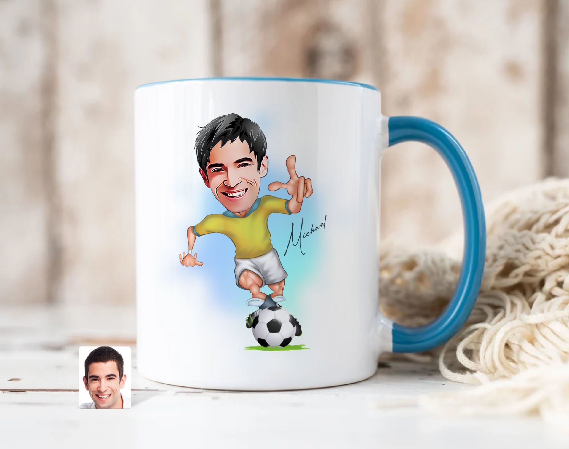 Bk Gift Kişiye Özel Futbolcu Karikatürlü Mavi Kupa Bardak-10, Sevgiliye Hediye, Arkadaşa Hediye