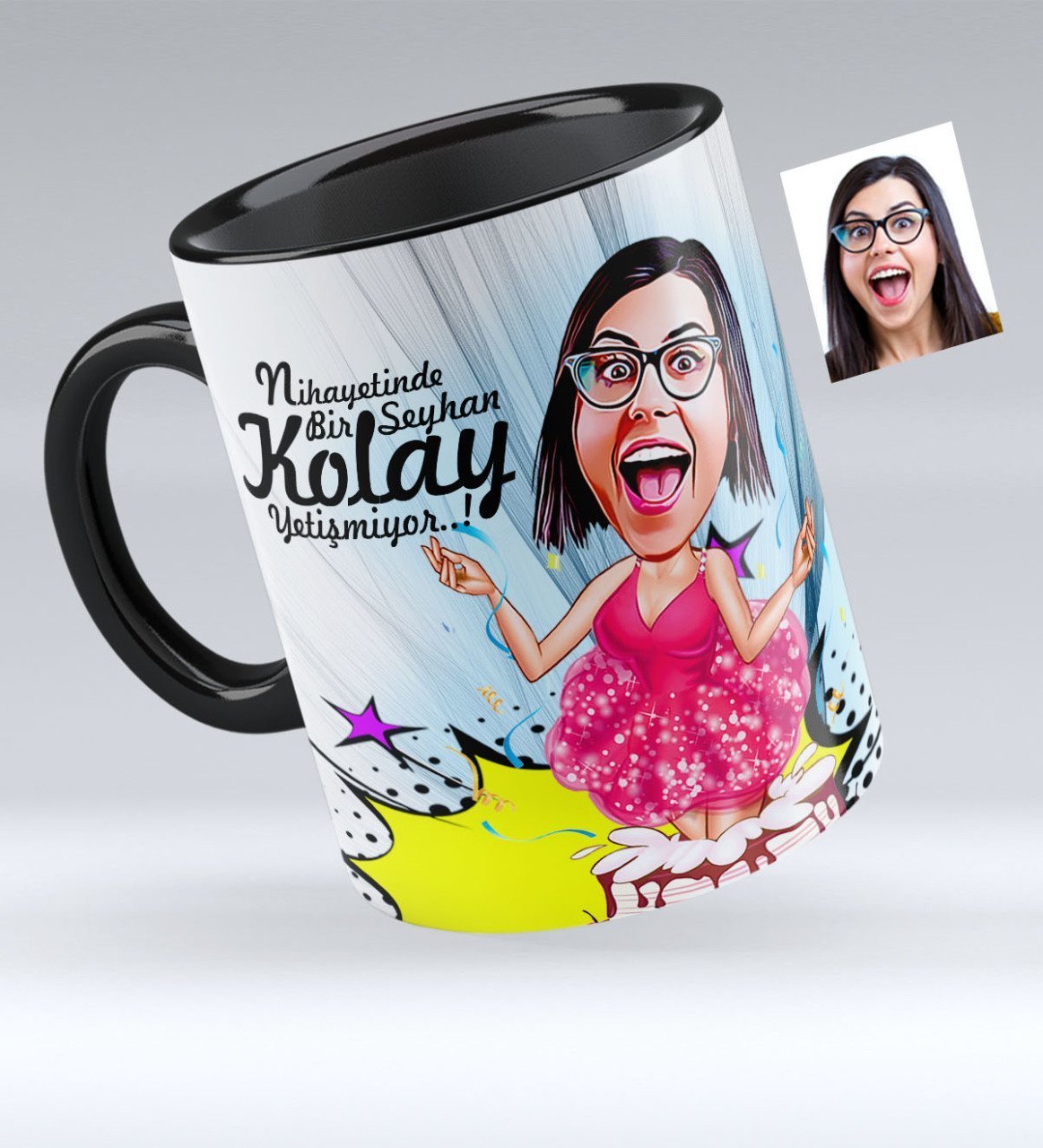 Kişiye Özel Bayan Doğum Günü Karikatürlü Siyah Kupa Bardak - 1