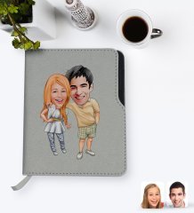 Kişiye Özel Sevgililer Karikatürlü Gri Termo Deri Defter-98