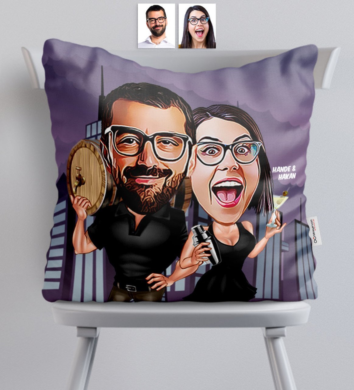 Kişiye Özel Sevgililer Karikatürlü Saten Yastık - 18