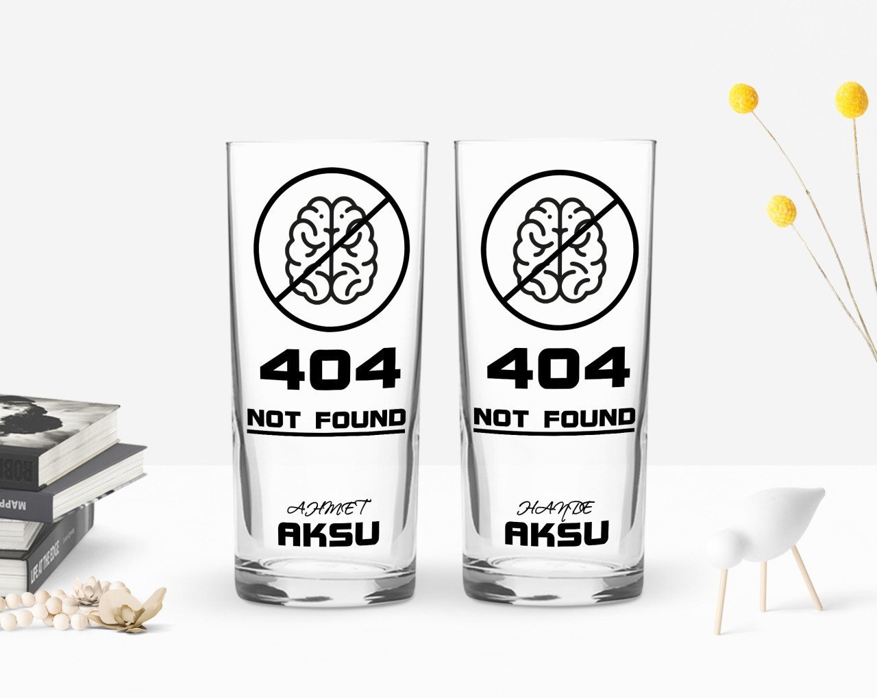 Kişiye Özel Renkli Baskılı 404 Not Found Tasarımlı İkili Rakı Bardağı Seti-1
