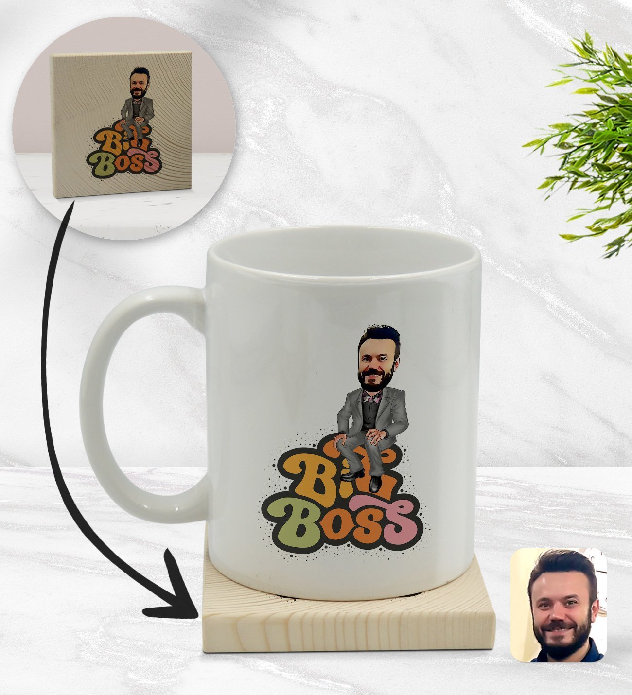 Kişiye Özel Erkek Big Boss Karikatürlü Beyaz Kupa Bardak ve Ahşap Bardak Altlığı Hediye Seti - Model 3