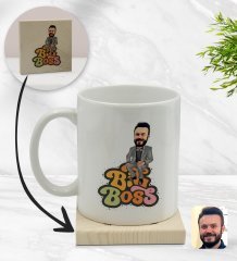 Kişiye Özel Erkek Big Boss Karikatürlü Beyaz Kupa Bardak ve Ahşap Bardak Altlığı Hediye Seti - Model 3