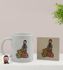 Kişiye Özel Erkek Big Boss Karikatürlü Beyaz Kupa Bardak ve Ahşap Bardak Altlığı Hediye Seti - Model 3