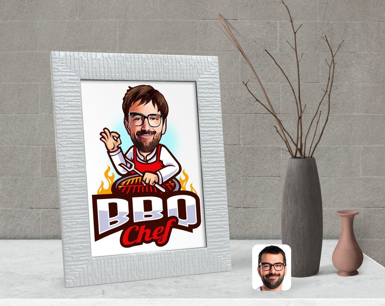 Kişiye Özel Erkek Barbekü Chef Karikatürlü Dekoratif Çerçeve-1