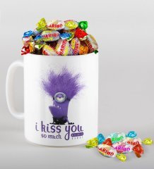 Kişiye Özel I Kiss You Tasarımlı Kupa ve Haribo Fruitbons Şeker Hediye Seti