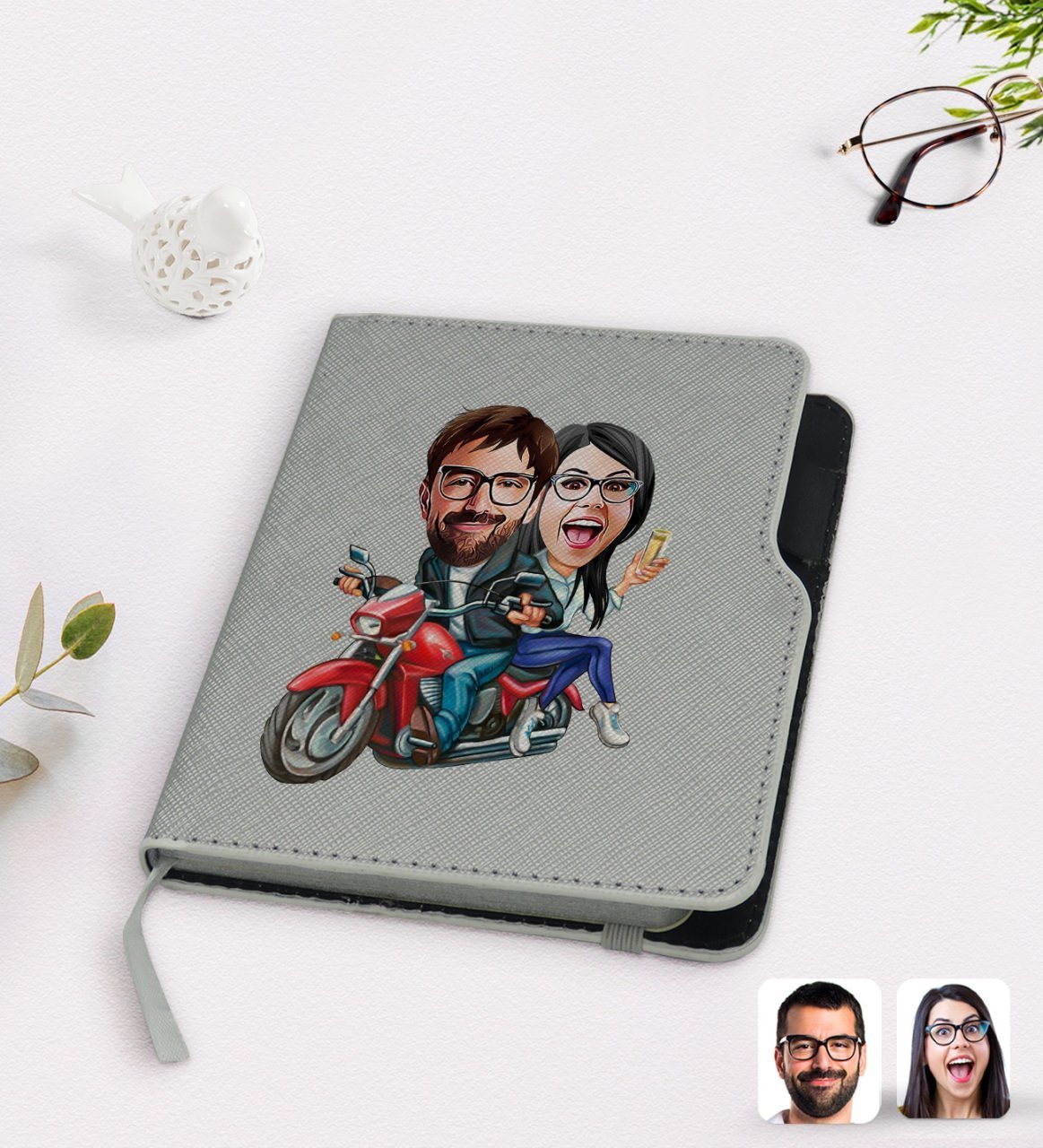 Kişiye Özel Sevgililer Karikatürlü Gri Termo Deri Defter-97