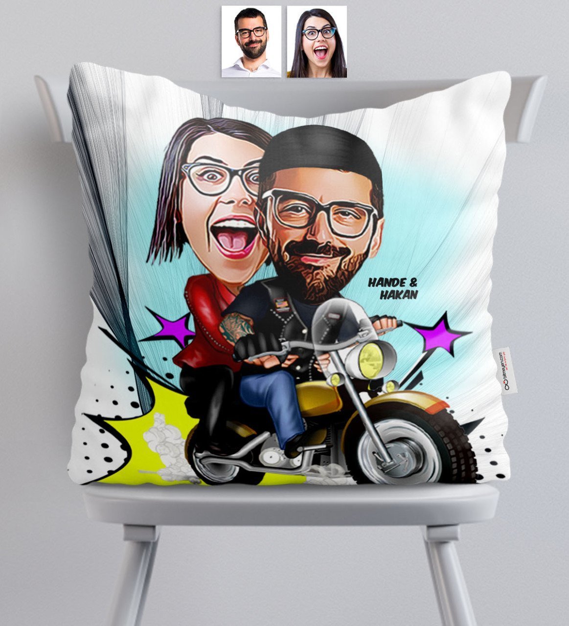 Kişiye Özel Sevgililer Karikatürlü Saten Yastık - 17