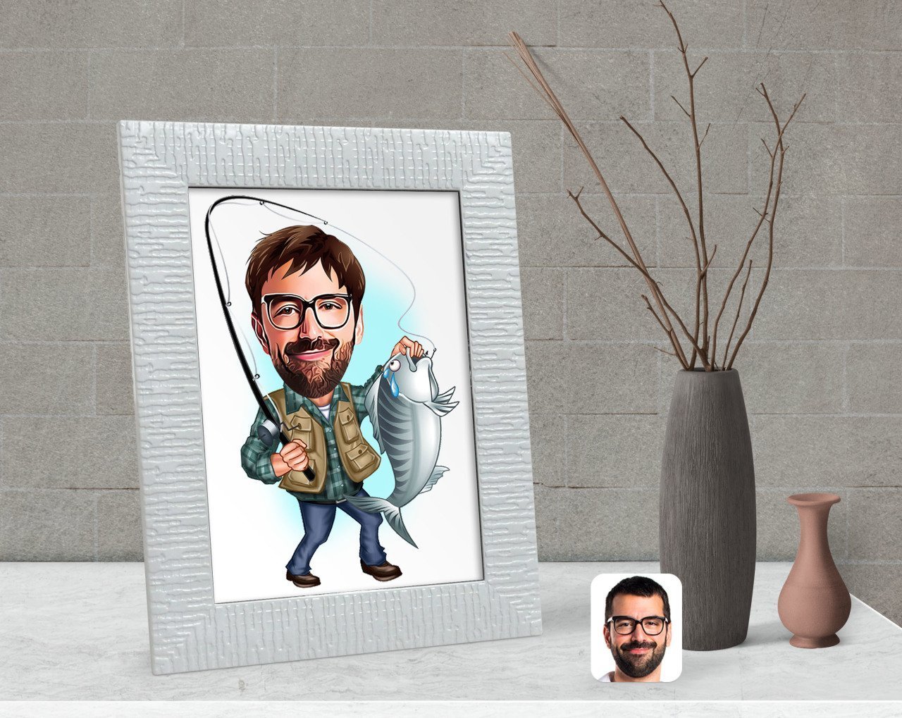 Kişiye Özel Erkek Balıkçı Karikatürlü Dekoratif Çerçeve