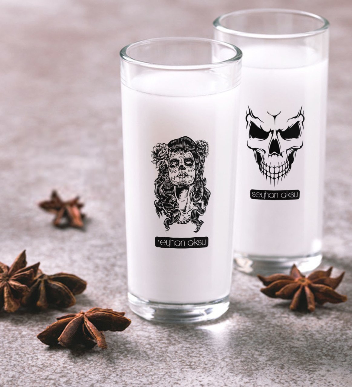 Kişiye Özel Renkli Baskılı Kurukafa İkili Rakı Bardağı Seti-2