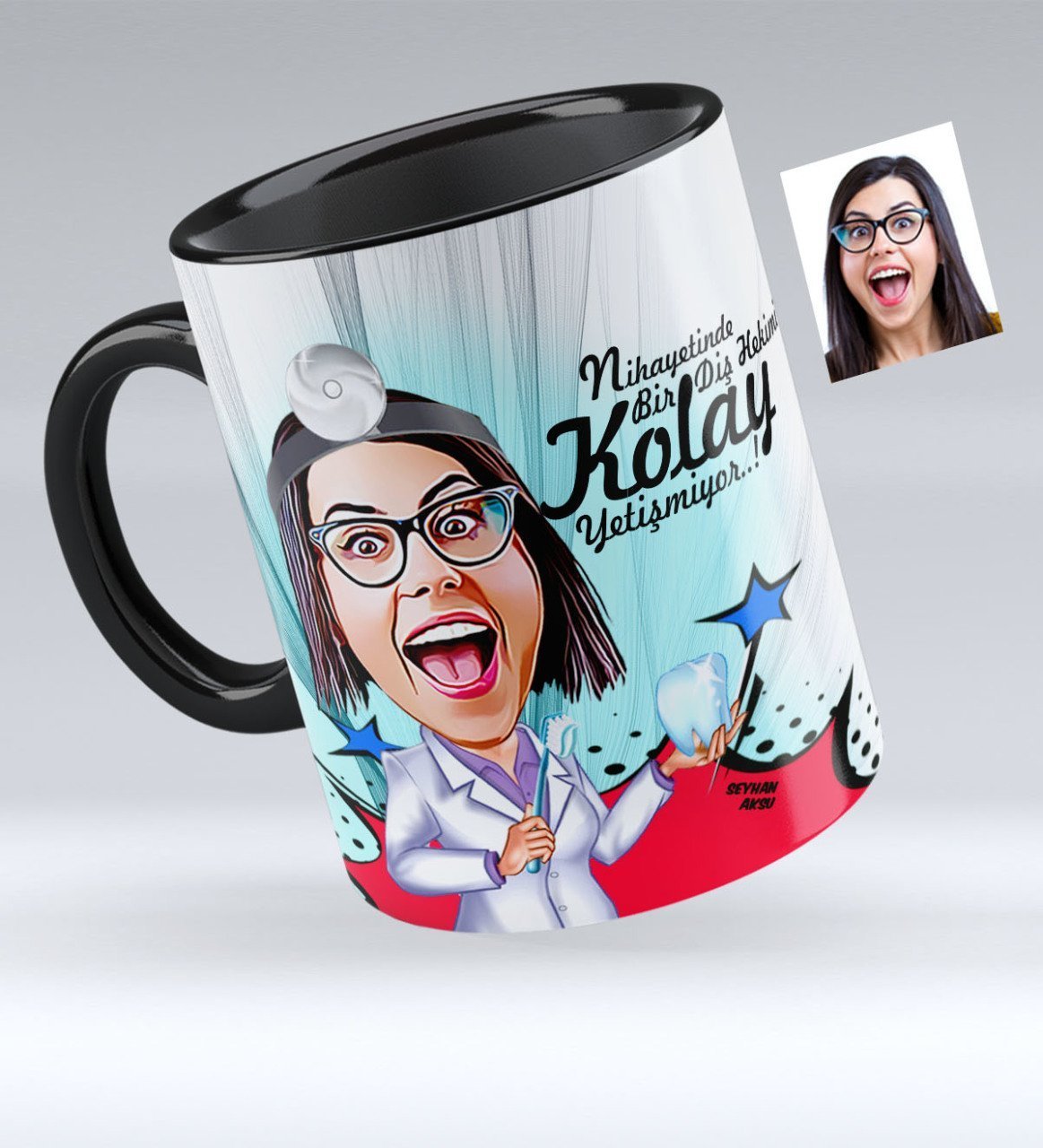 Kişiye Özel Bayan Diş Hekimi Karikatürlü Siyah Kupa Bardak - 2