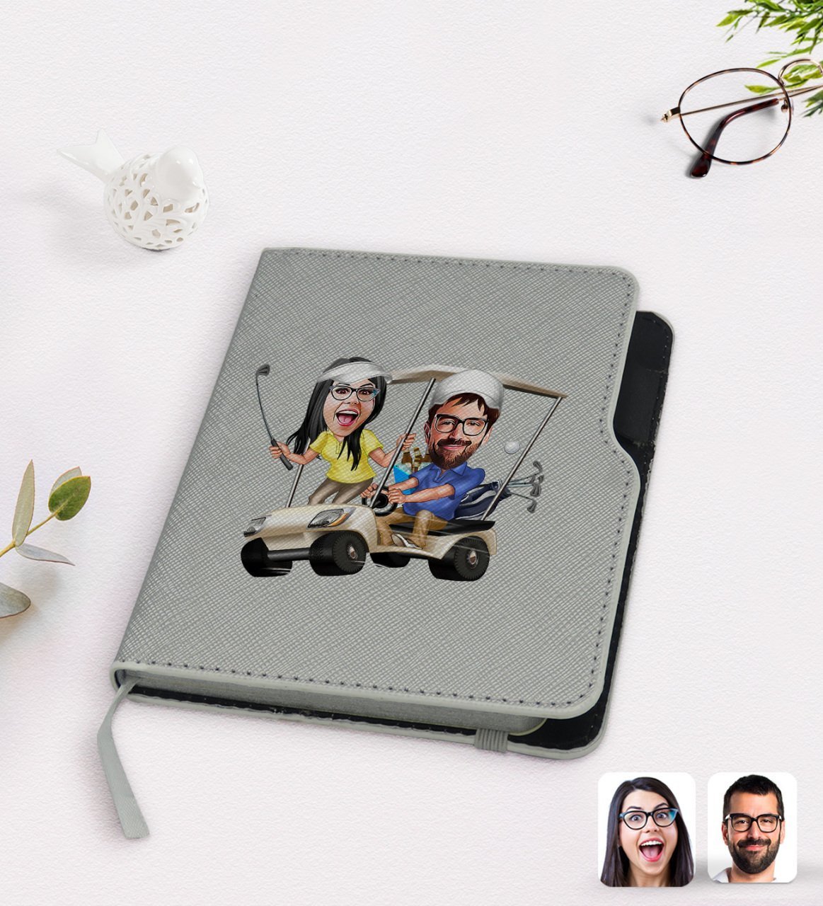 Kişiye Özel Sevgililer Karikatürlü Gri Termo Deri Defter-96
