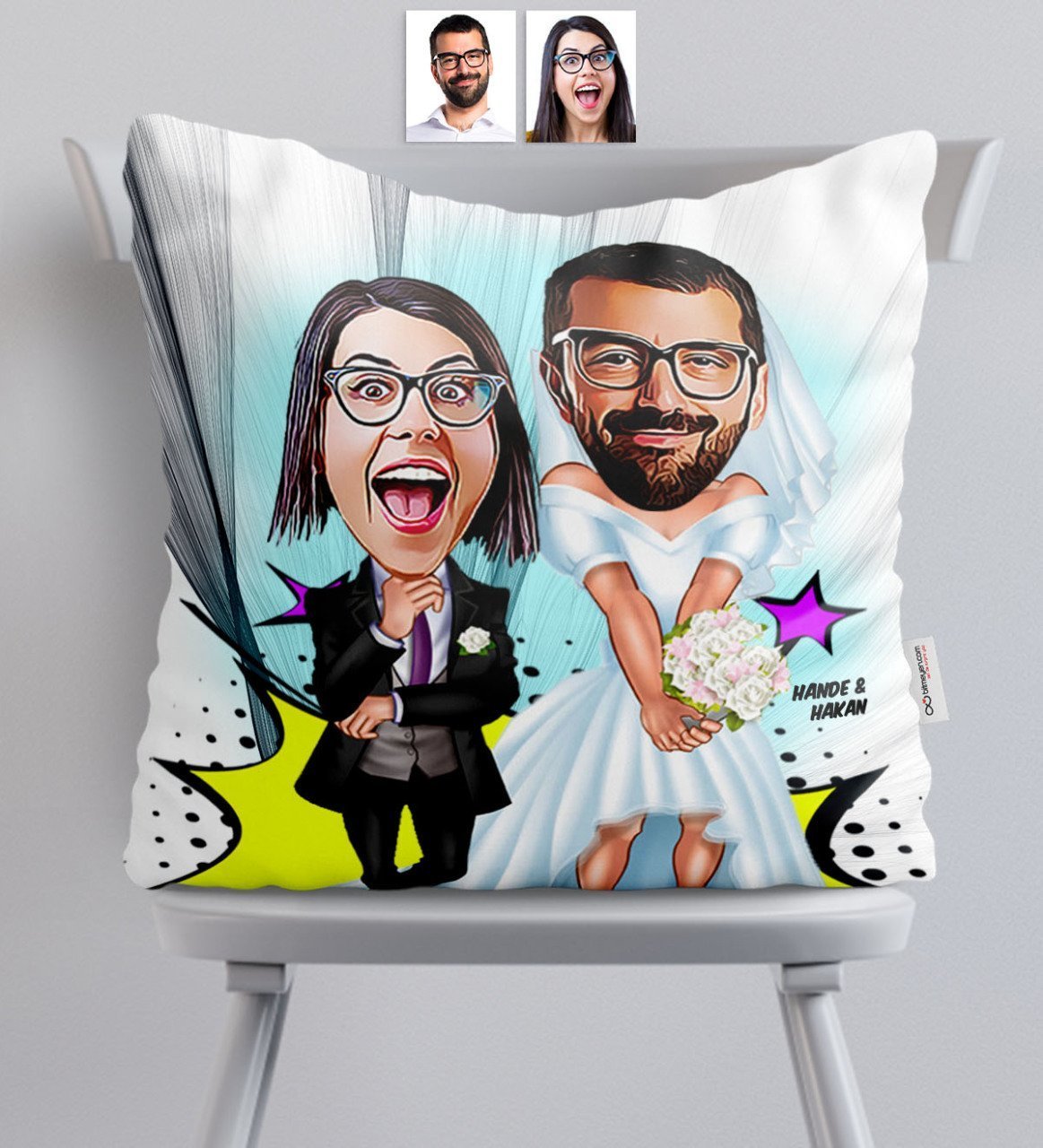 Kişiye Özel Sevgililer Karikatürlü Saten Yastık - 16
