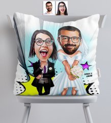 Kişiye Özel Sevgililer Karikatürlü Saten Yastık - 16