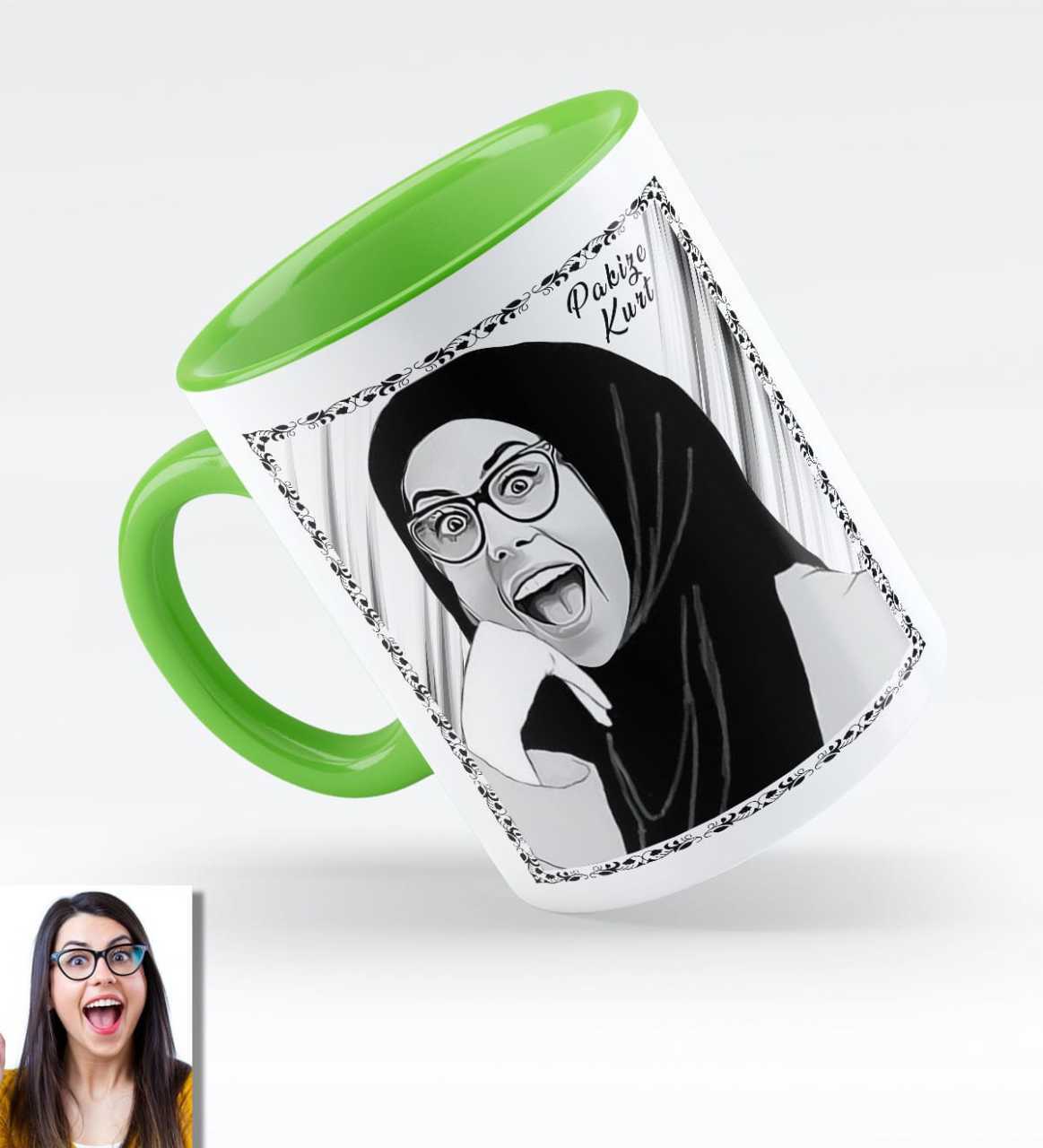 Kişiye Özel Türbanlı Karikatürlü Yeşil Kupa Bardak 40y744