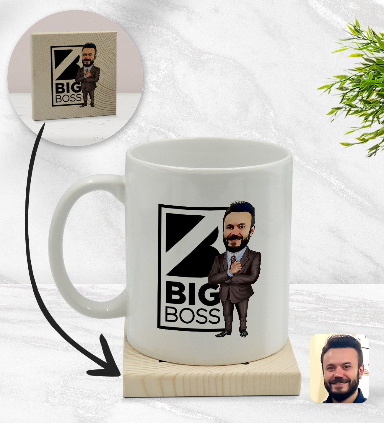 Kişiye Özel Erkek Big Boss Karikatürlü Beyaz Kupa Bardak ve Ahşap Bardak Altlığı Hediye Seti - Model 1