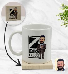 Kişiye Özel Erkek Big Boss Karikatürlü Beyaz Kupa Bardak ve Ahşap Bardak Altlığı Hediye Seti - Model 1