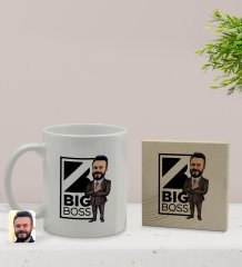 Kişiye Özel Erkek Big Boss Karikatürlü Beyaz Kupa Bardak ve Ahşap Bardak Altlığı Hediye Seti - Model 1