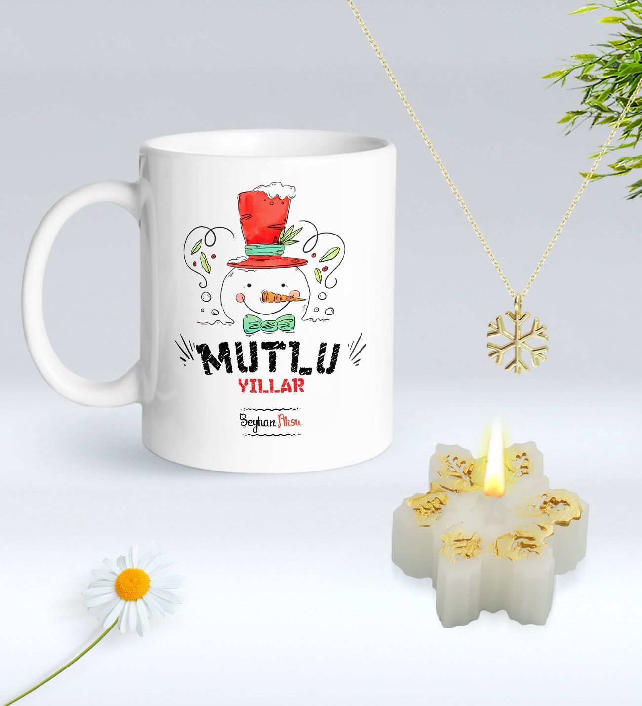 Yılbaşı Hediyesi BK Gift Kişiye Özel Yeni Yıl Tasarımlı Beyaz Kupa Bardak, Kar Tanesi Kolye ve Kar Tanesi Mum Hediye Seti-5, Sevgiliye Hediye, Arkadaşa Hediye