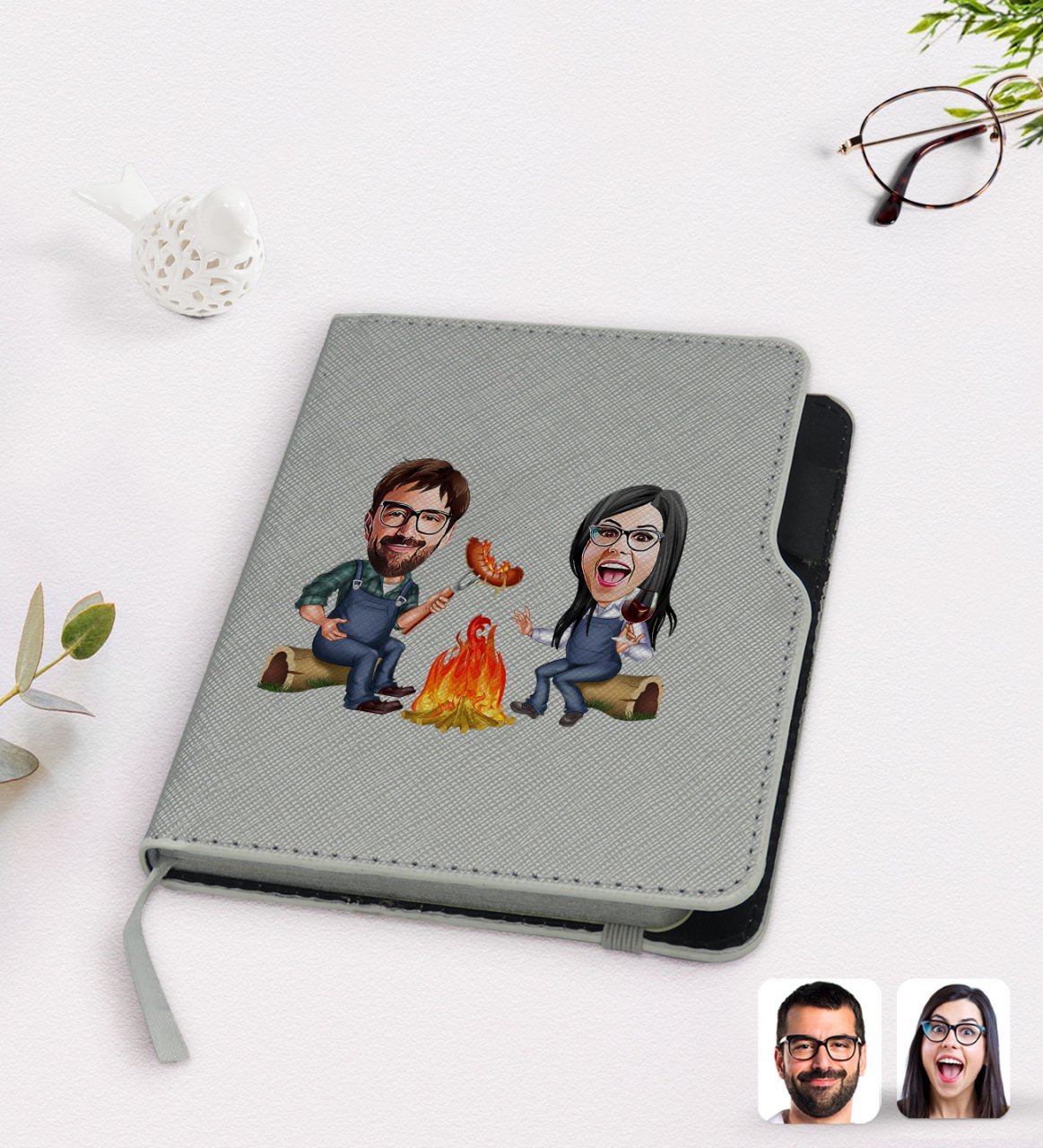 Kişiye Özel Sevgililer Karikatürlü Gri Termo Deri Defter-95