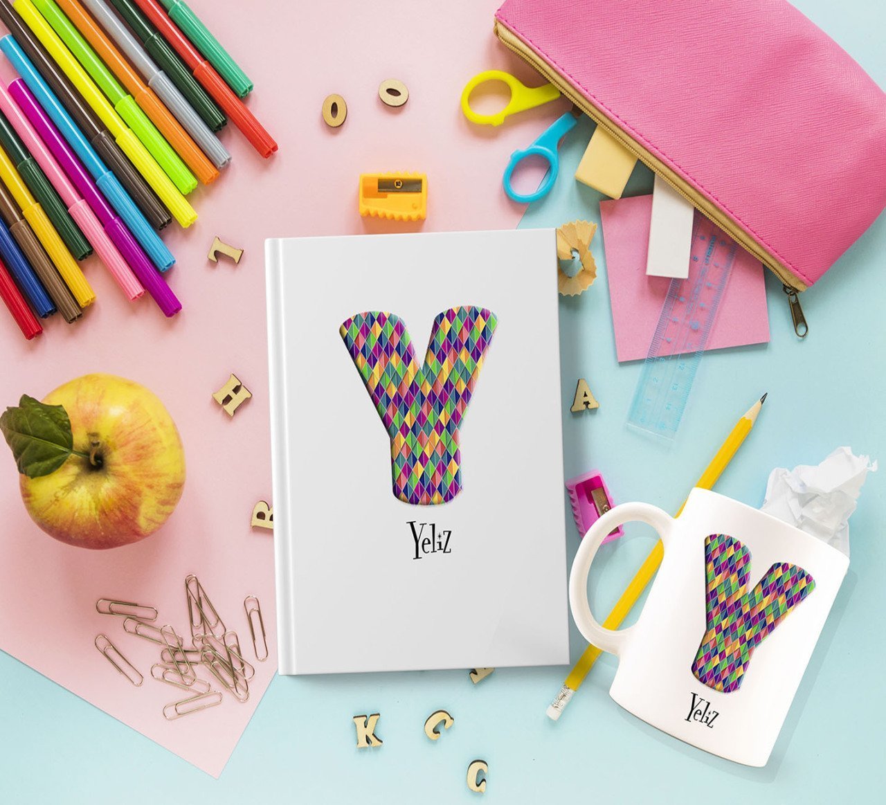 Kişiye Özel Harf Tasarımlı Beyaz Defter ve Kupa Hediye Seti-10