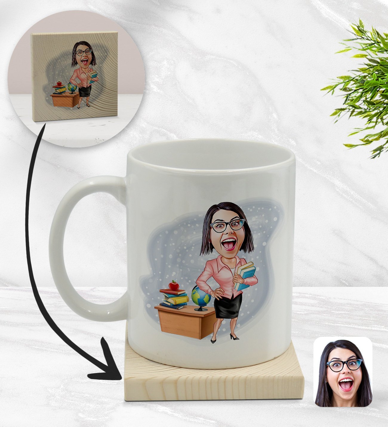 Kişiye Özel Kadın Öğretmen Karikatürlü Beyaz Kupa Bardak ve Ahşap Bardak Altlığı Hediye Seti - Model 5