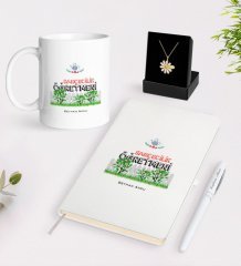 Kişiye Özel Bahçecilik Öğretmeni Beyaz Kupa Defter Kalem ve İsimli Papatya Kolye Hediye Seti-2