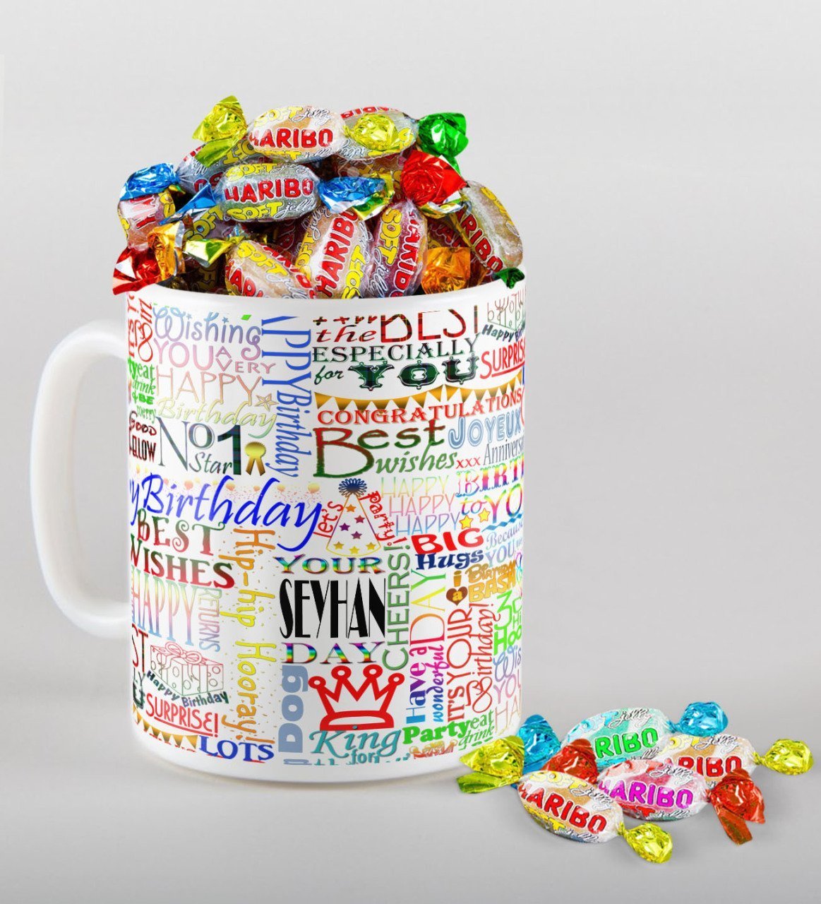 Kişiye Özel Happy Birthday Tasarımlı Kupa ve Haribo Fruitbons Şeker Hediye Seti-2