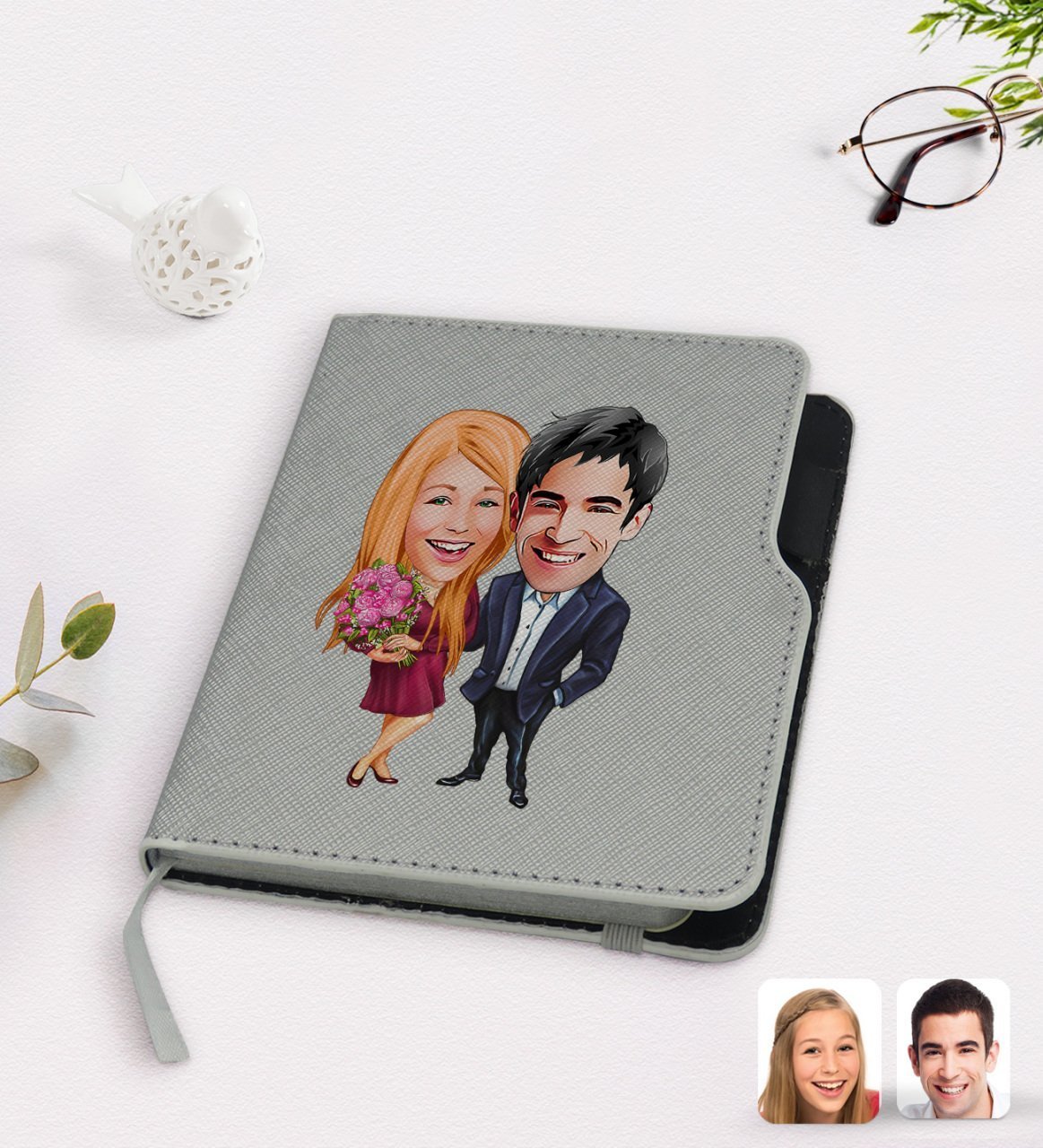 Kişiye Özel Sevgililer Karikatürlü Gri Termo Deri Defter-94