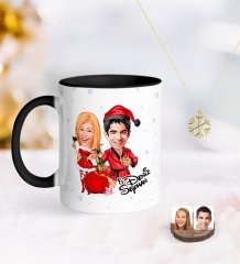 Kişiye Özel Yeni Yıl Sevgililer Karikatürlü Siyah Kupa ve Kar Tanesi Kolye-5