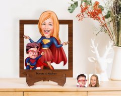 Kişiye Özel Anneler Günü Temalı Süper Anne ve Çocuk Karikatürlü Ahşap Standlı 3D Biblo-1