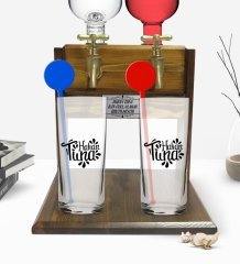 Kişiye Özel Renkli Baskılı İsimli İkili Vodka Bardağı ve Çift Musluklu Doğal Ahşap Vodka Standı-127