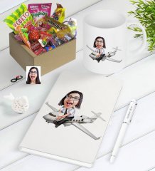 Kişiye Özel Bayan Kaptan Pilot Karikatürlü Nostaljik Lezzetler Defter Kalem Kupa Hediye Seti-1