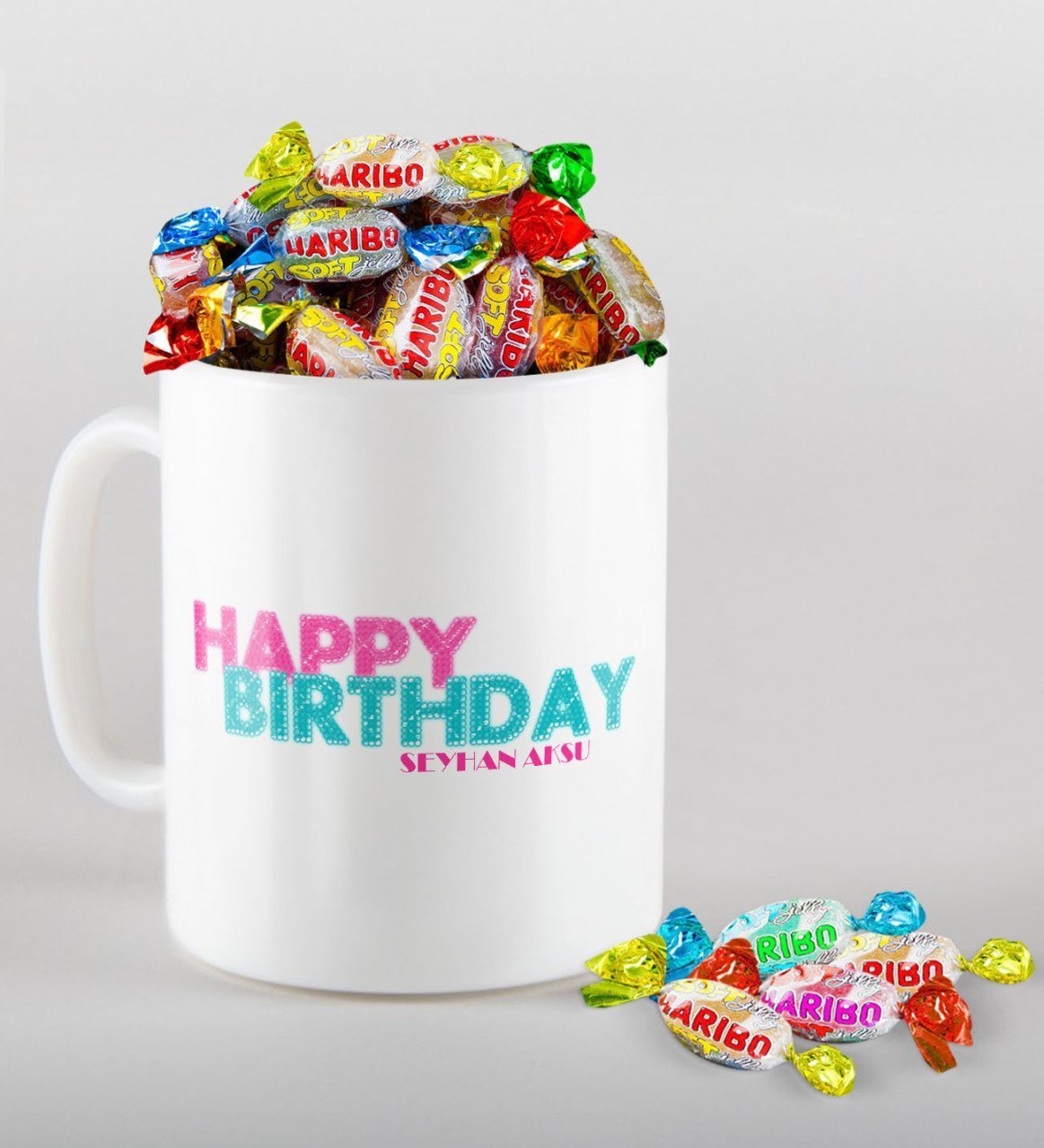 Kişiye Özel Happy Birthday Tasarımlı Kupa ve Haribo Fruitbons Şeker Hediye Seti-1